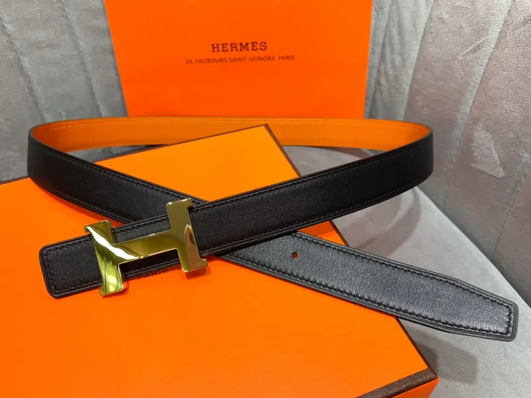 Hermès Orange/Black Reversible Belt with Gold-Tone Wide H Buckle product view 1