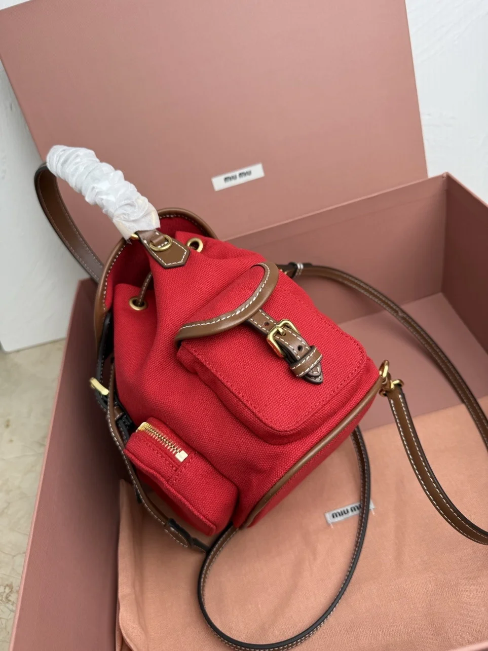 Miu Miu Small Backpack in Red Canvas and Calfskin product view 2
