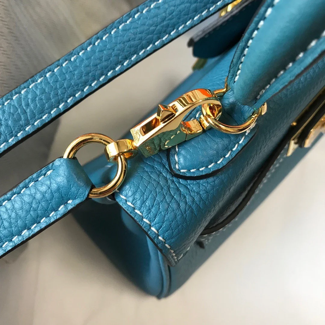 Hermes Kelly 20cm Bag In Blue Jean Clemence Leather GHW product view 2