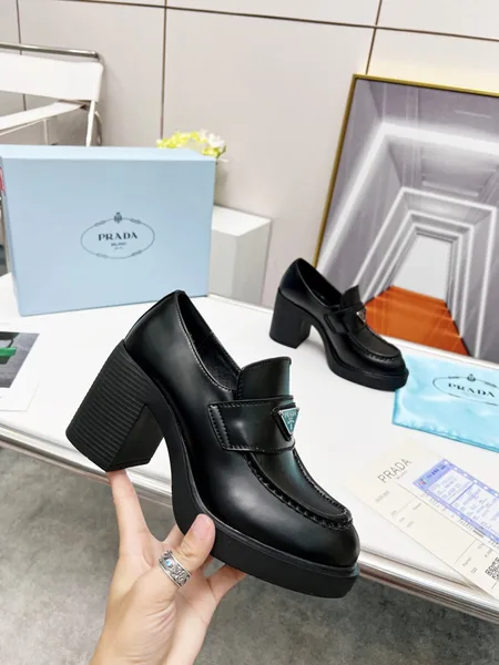 Prada Chocolate High-heeled Loafers In Black Brushed Leather product view 9