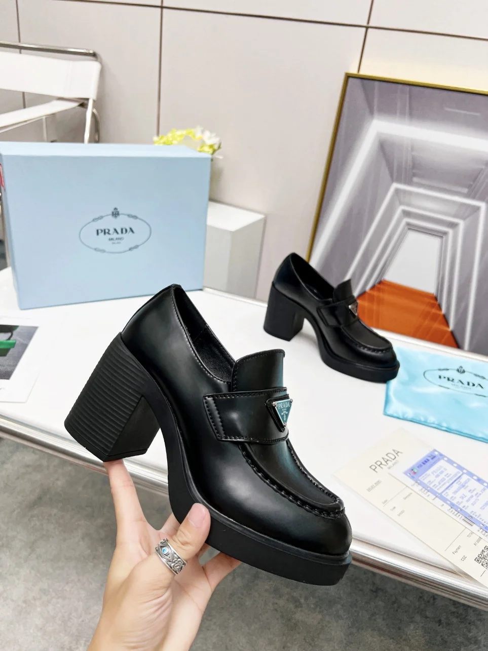 Prada Chocolate High-heeled Loafers In Black Brushed Leather product view 9