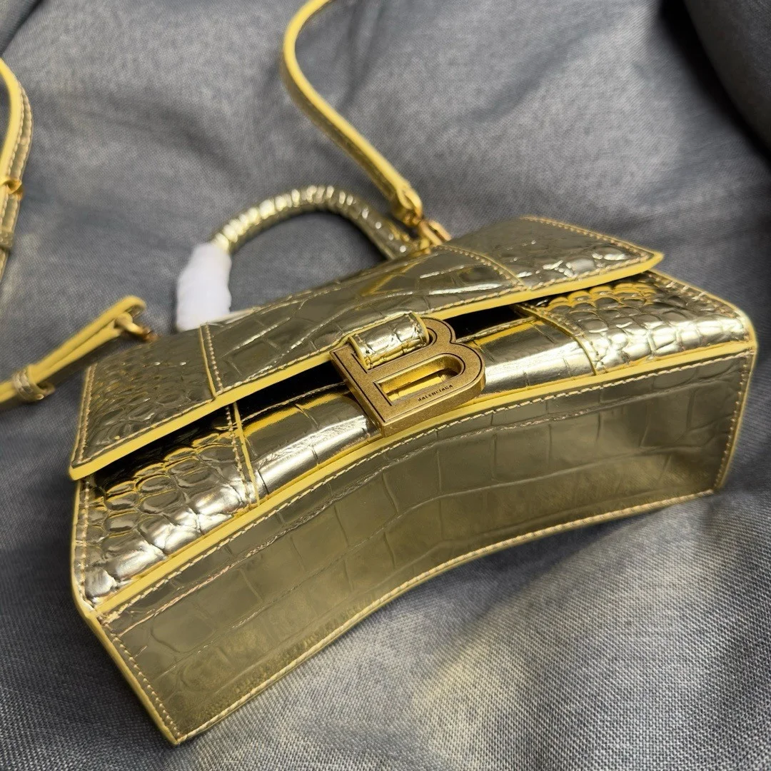 Balenciaga Hourglass XS Bag in Gold Croc-Embossed Calfskin product view 4