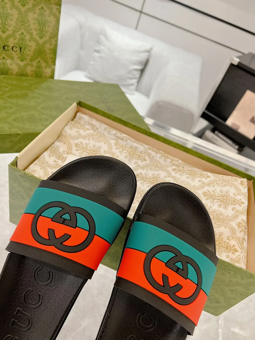 Gucci Slide Sandals Black Green Red product view 6