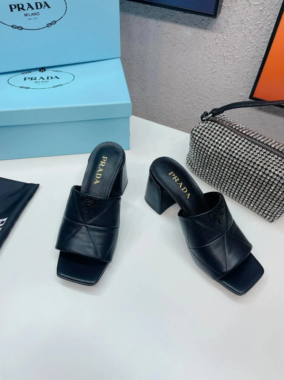 Prada Heeled Slide Sandals 65mm In Black Nappa Leather product view 7