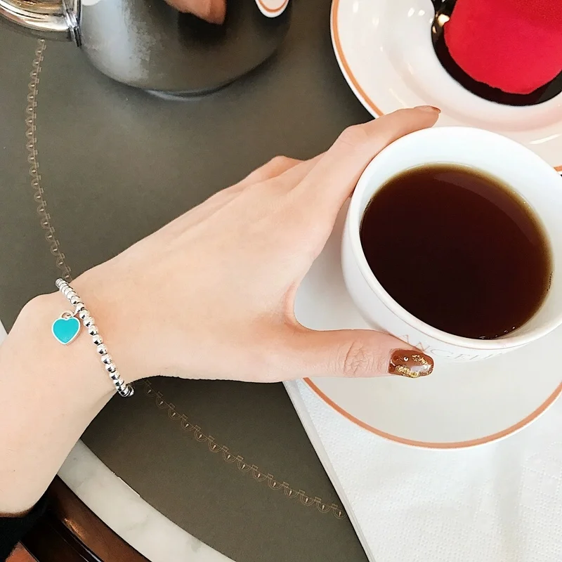 Tiffany & Co. Blue Heart Tag Bead Bracelet Silver-Tone with Blue Inlay product view 3