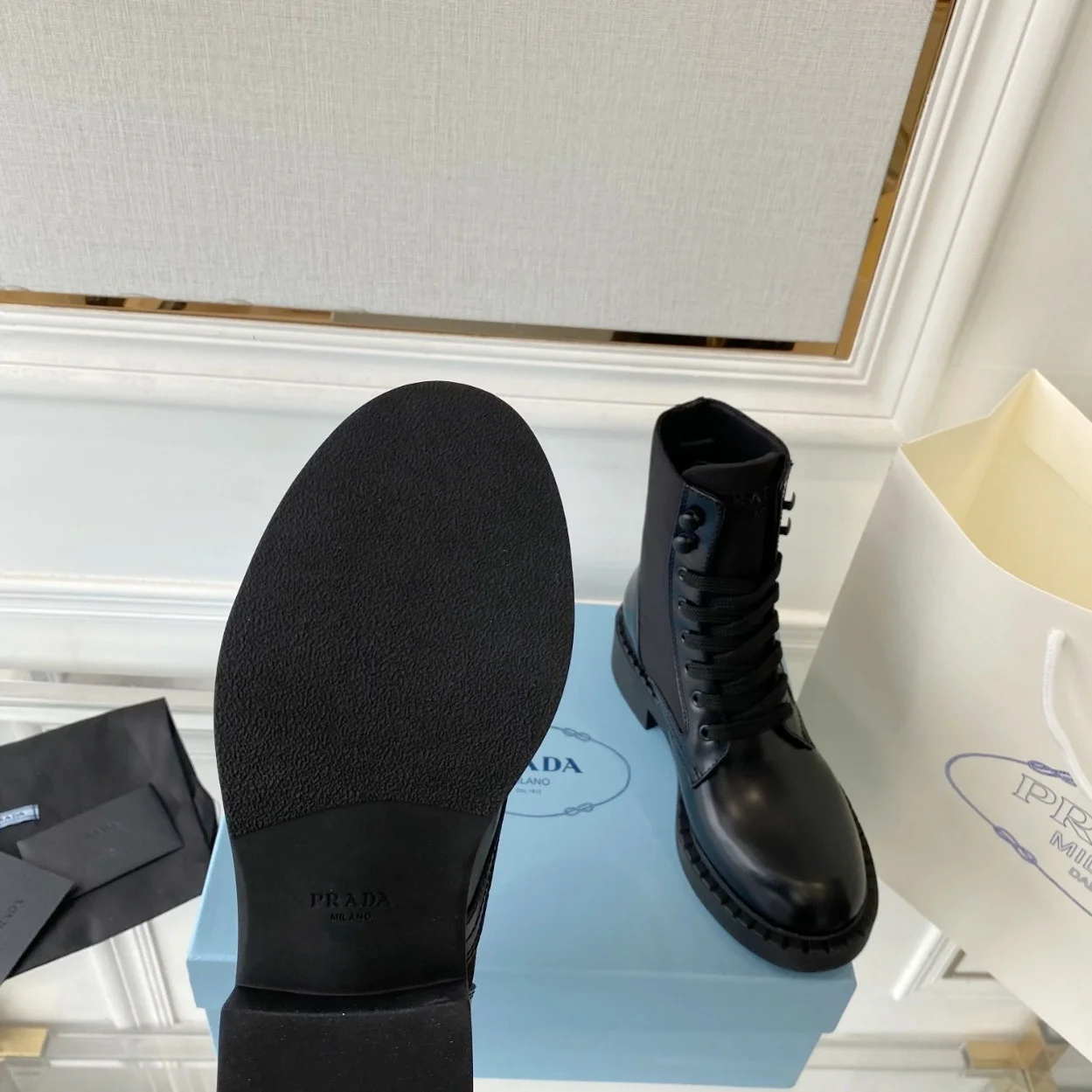 Prada Ankle Boots in Black Brushed Leather and Re-Nylon product view 5