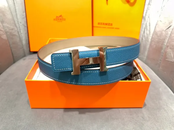 Hermès Blue/Taupe Reversible Belt with Silver-Tone Wide H Buckle product view 2