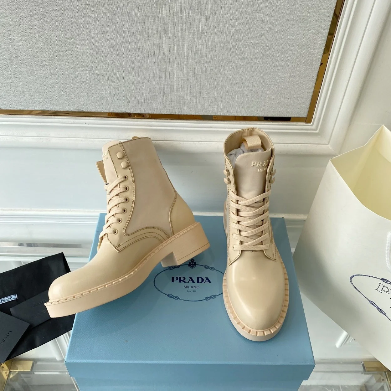 Prada Ankle Boots in Beige Brushed Leather and Re-Nylon product view 9