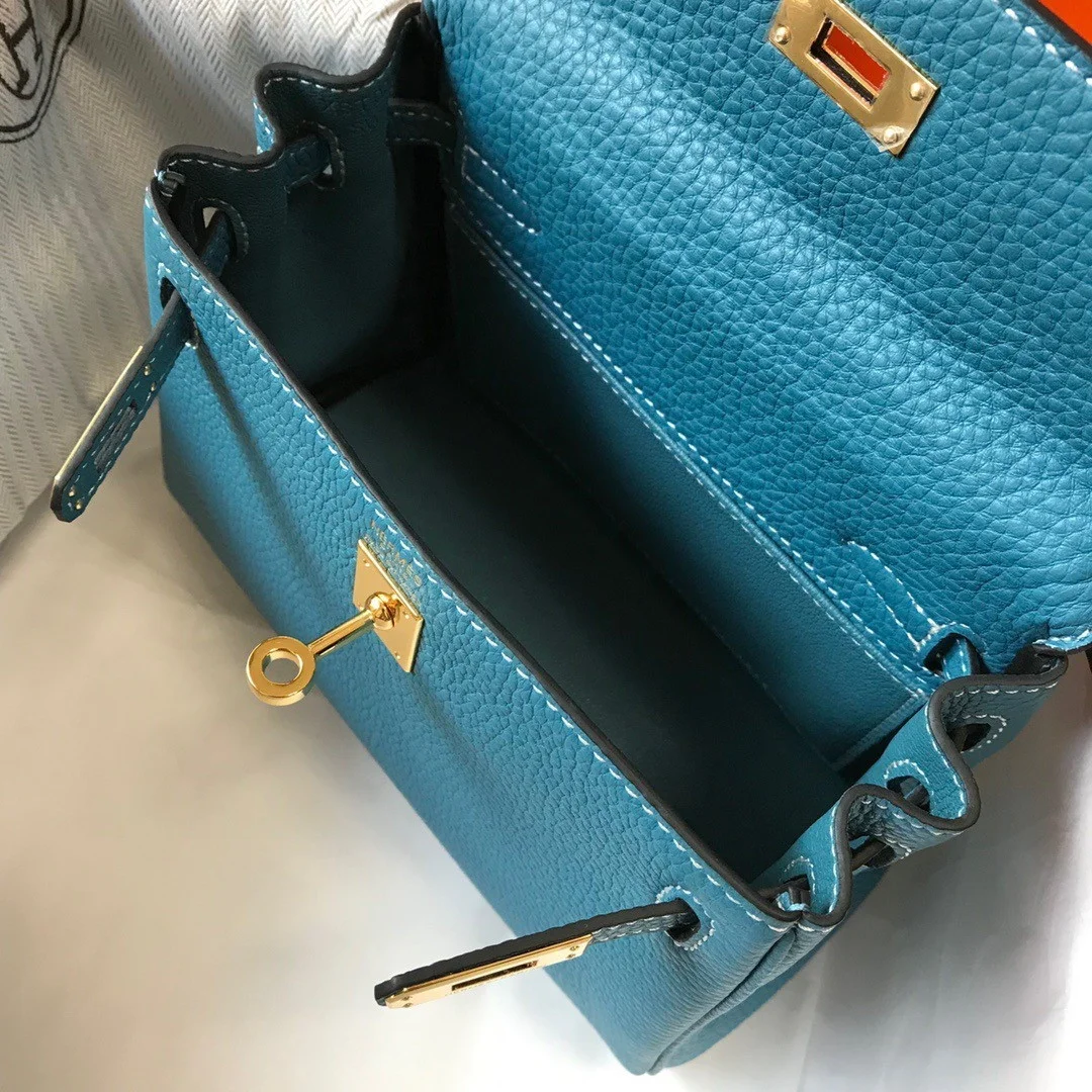 Hermes Kelly 20cm Bag In Blue Jean Clemence Leather GHW product view 6