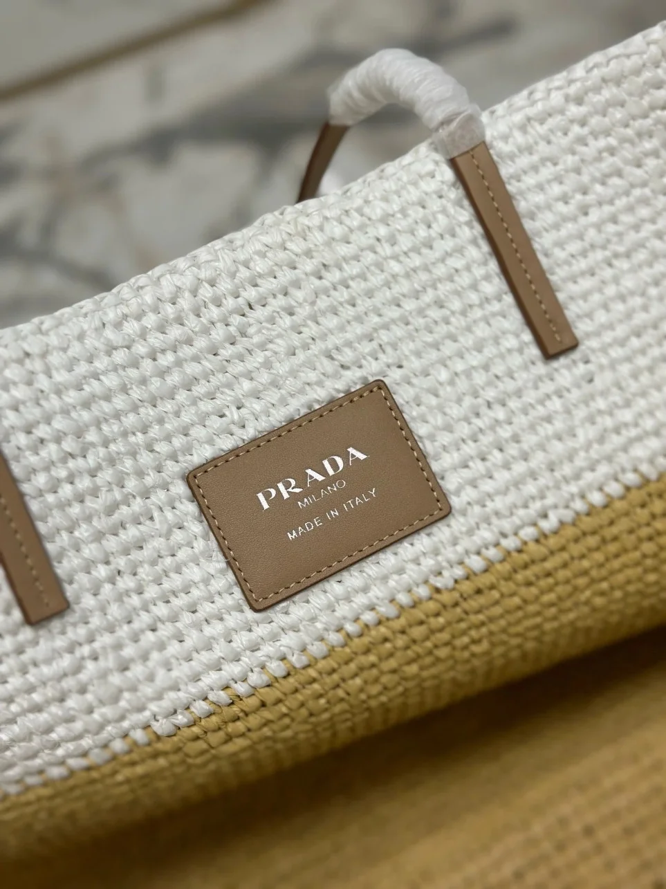 Prada Crochet Large Tote Bag in Beige/White Raffia-effect Yarn product view 9