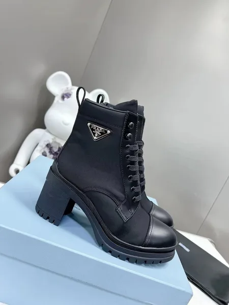 Prada Ankle Boots in Black Brushed Leather and Nylon product view 2