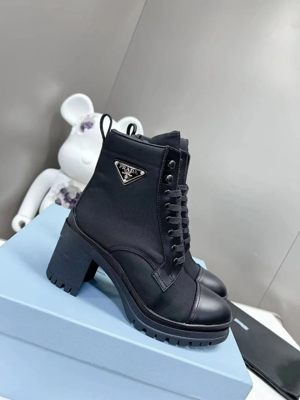 Prada Ankle Boots in Black Brushed Leather and Nylon product view 2