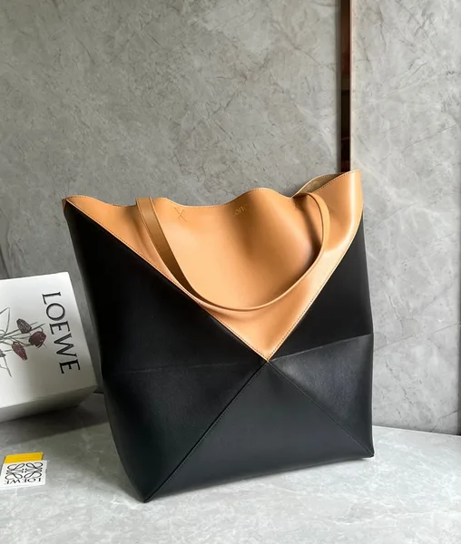 Loewe Large Puzzle Fold Tote Bag in Tan and Black Calfskin product view 5