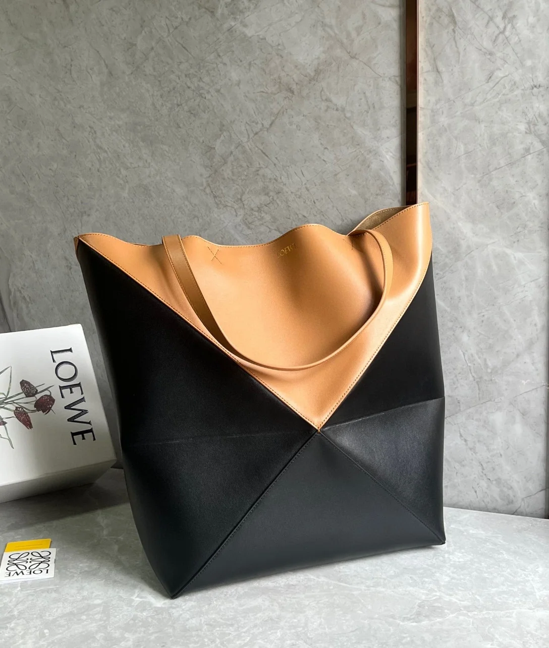 Loewe Large Puzzle Fold Tote Bag in Tan and Black Calfskin product view 5