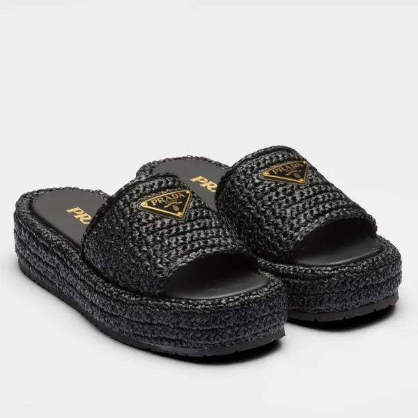 Prada Crochet Flatform Slides in Black Raffia-effect Yarn product photo