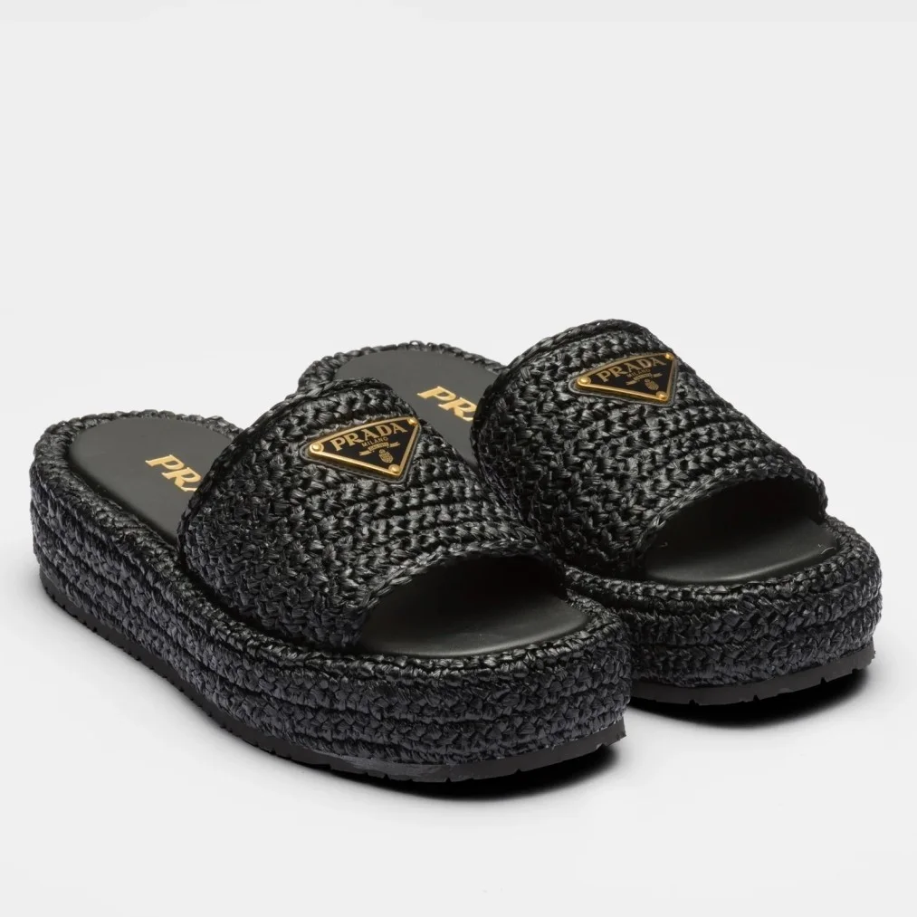 Prada Crochet Flatform Slides in Black Raffia-effect Yarn product view 1