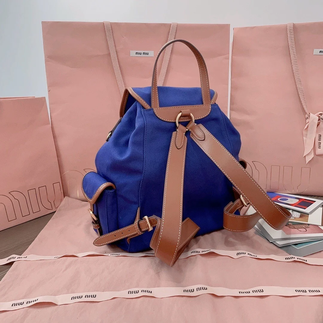 Miu Miu Large Backpack in Blue Canvas and Calfskin product view 3