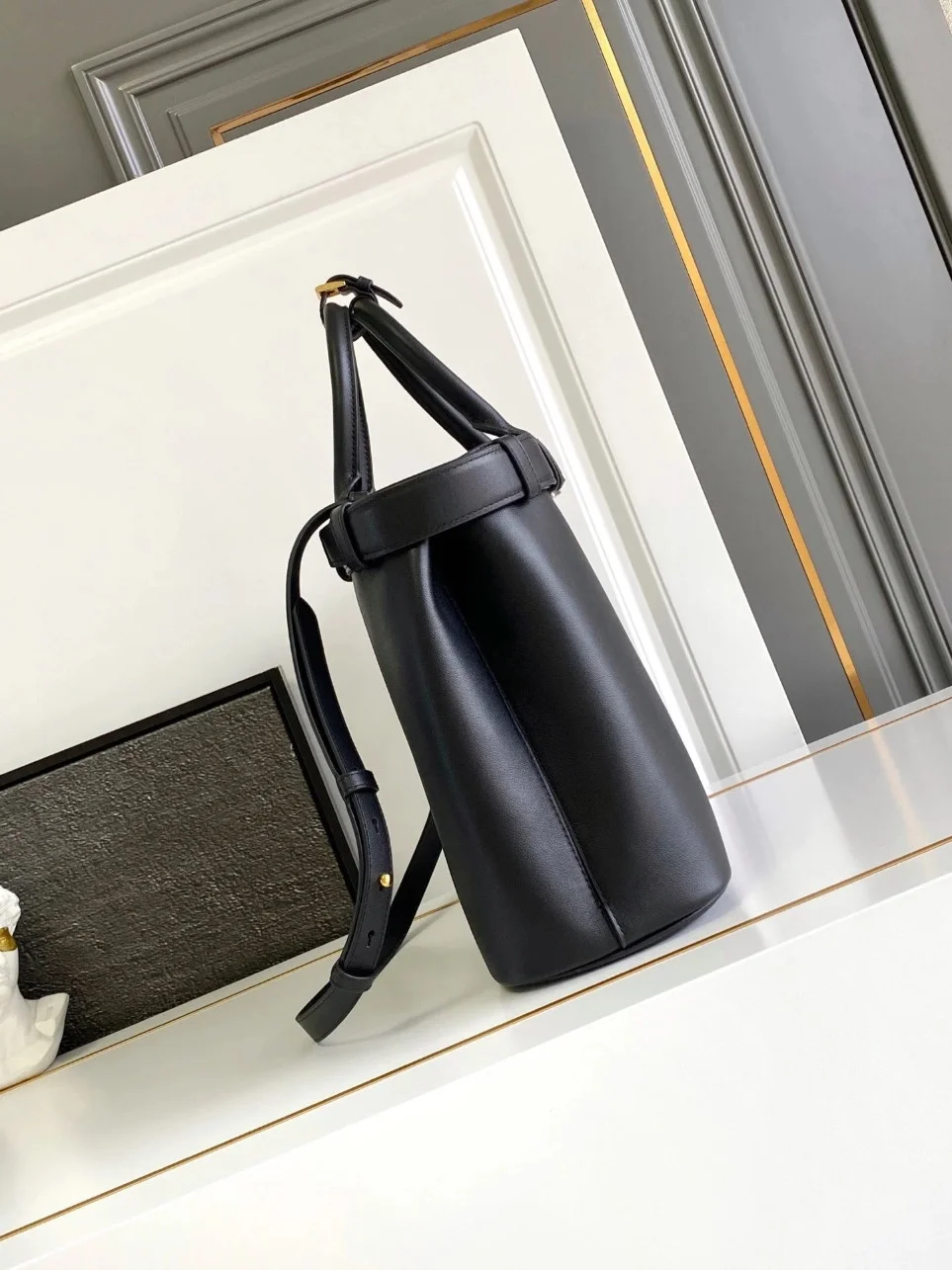 Prada Buckle Large Handbag with Belt in Black Calfskin product view 7