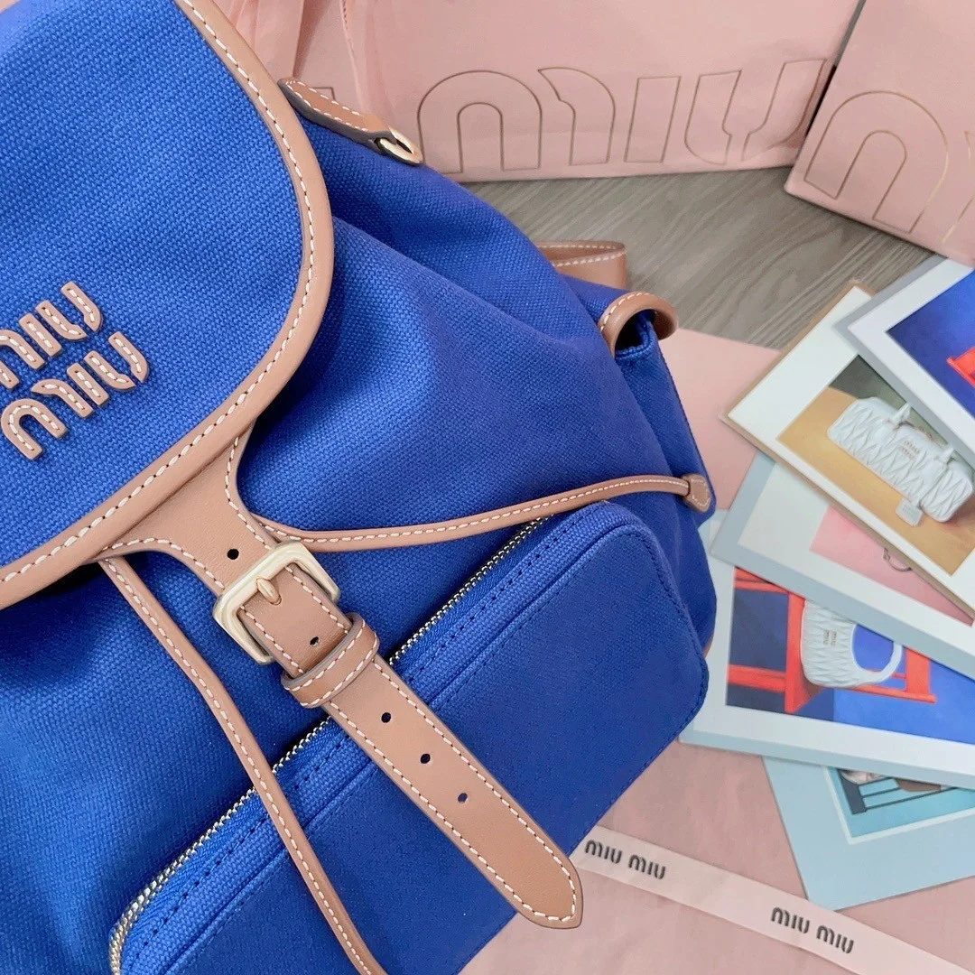 Miu Miu Large Backpack in Blue Canvas and Calfskin product view 6