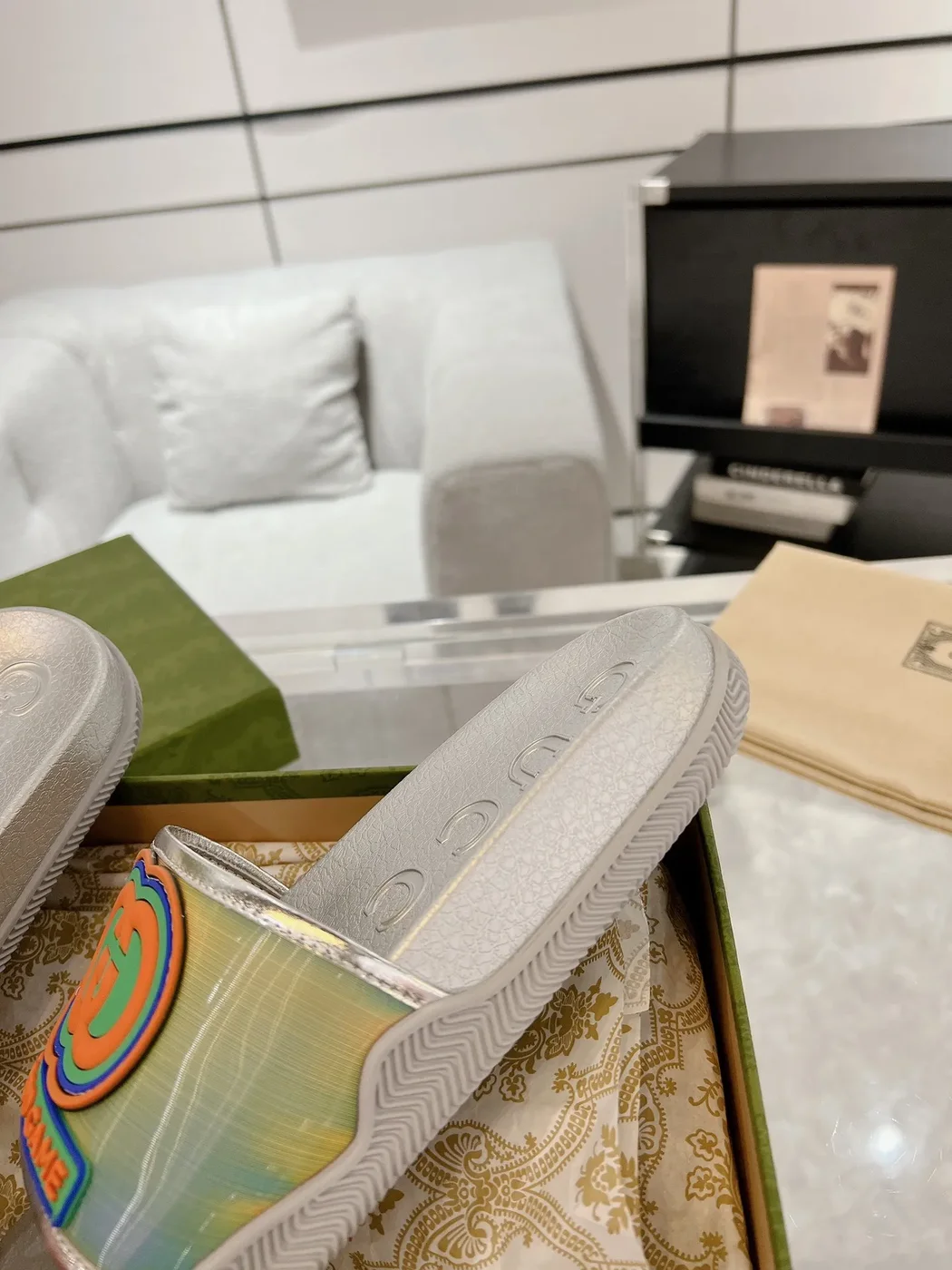 Gucci Interlocking G Slide Sandals — Silver with Rainbow Finish product view 6