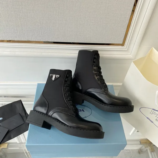 Prada Ankle Boots in Black Brushed Leather and Re-Nylon product view 2