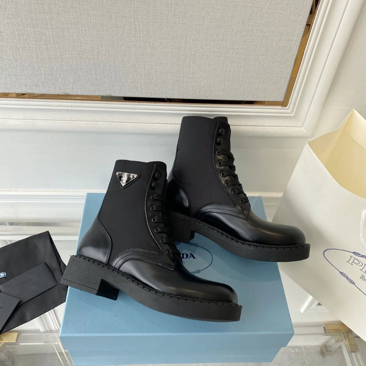 Prada Ankle Boots in Black Brushed Leather and Re-Nylon product view 2