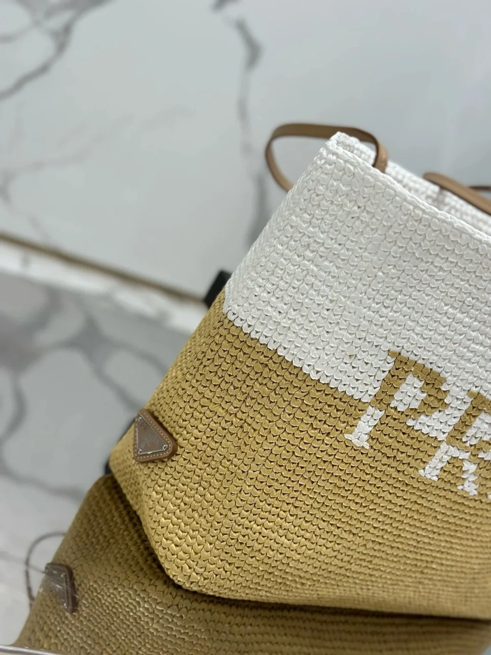 Prada Crochet Large Tote Bag in Beige/White Raffia-effect Yarn product view 8