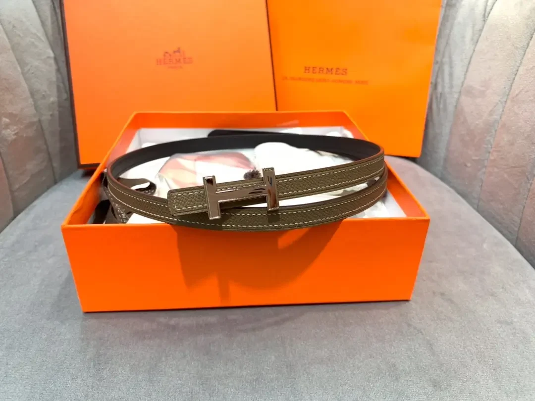 Hermès Taupe/Black Reversible Belt with Silver-Tone Slim H Buckle product view 2