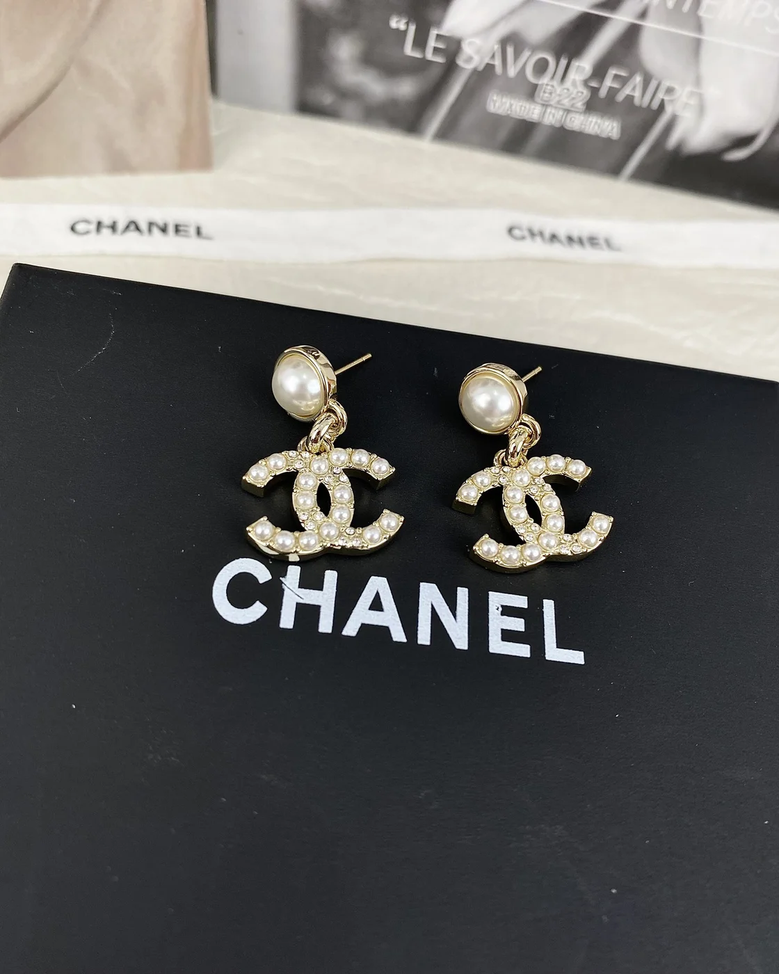 Chanel Pearl-Effect Pavé CC Drop Earrings Gold-Tone product view 4