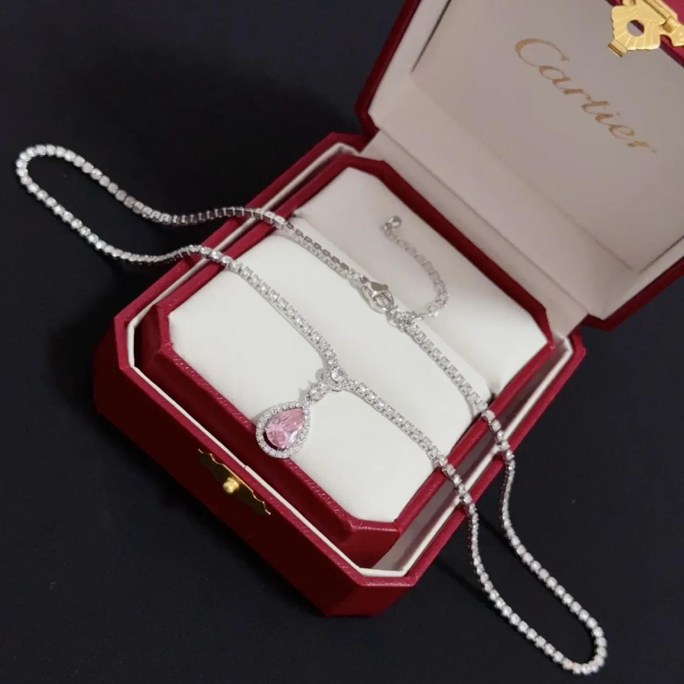 Cartier Pink Pear-Shaped Silver-Tone Halo Pendant Necklace product view 4
