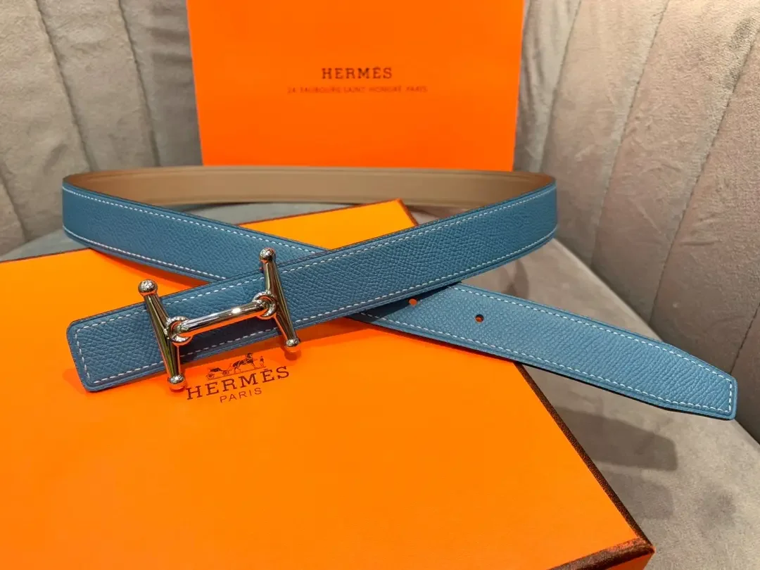 Hermès Light Blue/Taupe Reversible Belt with Silver-Tone Stirrup-Style H Buckle product view 1