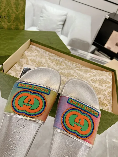 Gucci Interlocking G Slide Sandals — Silver with Rainbow Finish product view 5