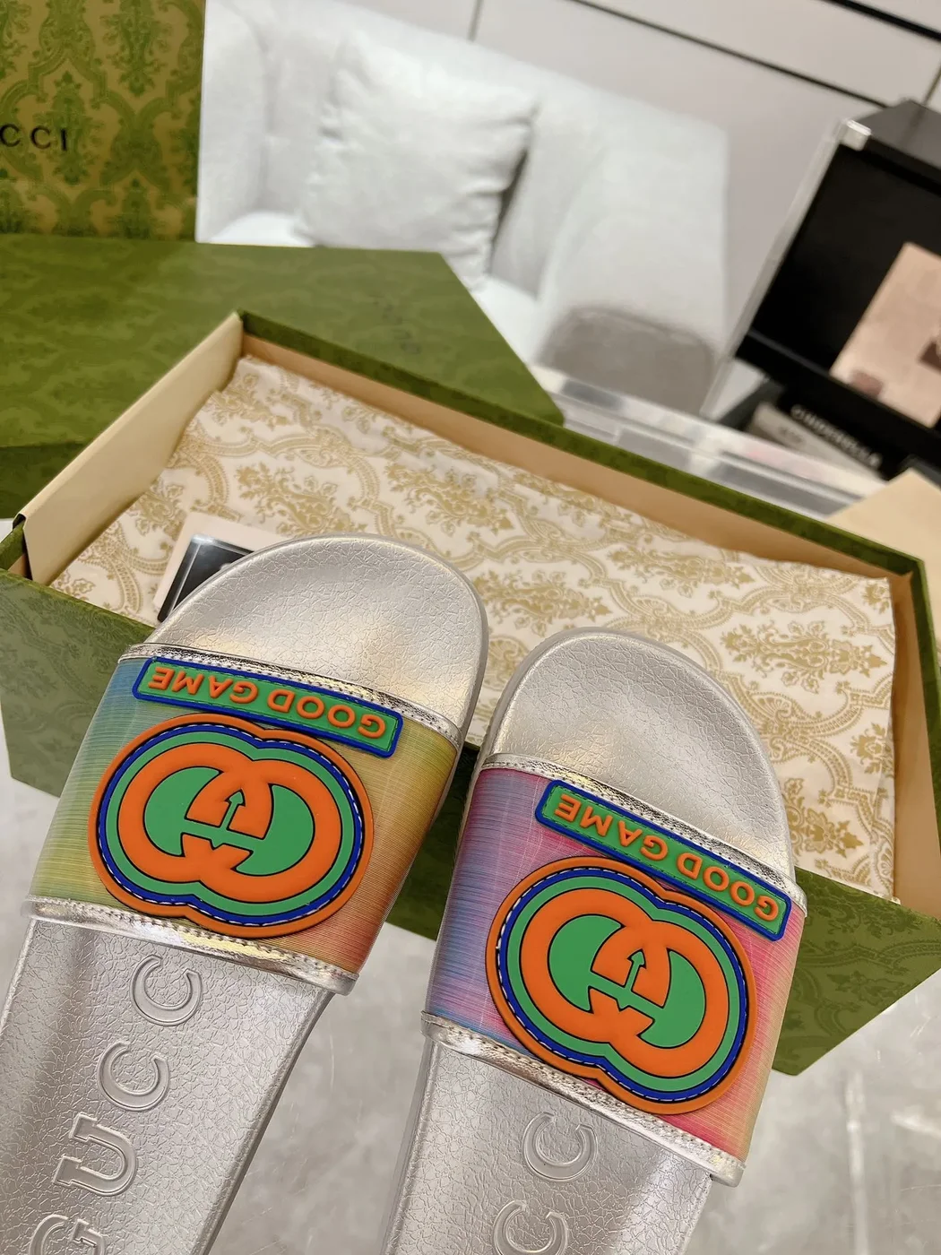 Gucci Interlocking G Slide Sandals — Silver with Rainbow Finish product view 5