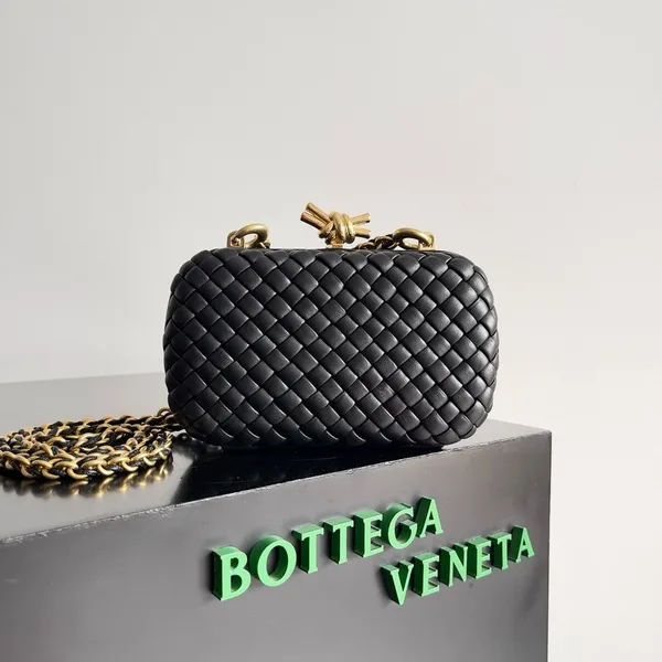 Bottega Veneta Knot Clutch with Chain in Black Intrecciato Lambskin product view 2