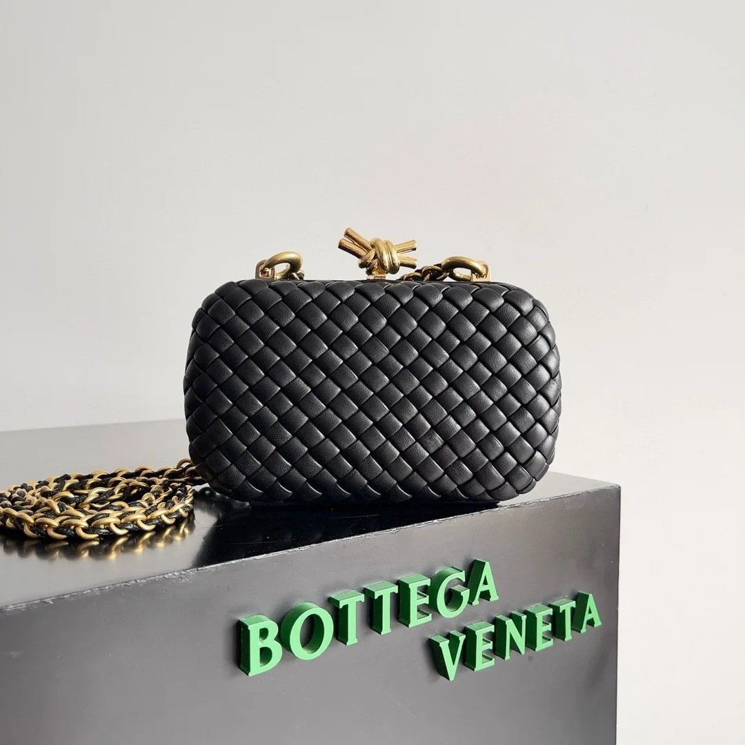 Bottega Veneta Knot Clutch with Chain in Black Intrecciato Lambskin product view 2