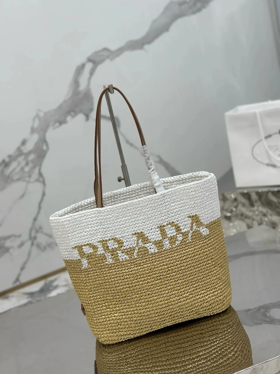 Prada Crochet Small Tote Bag in Beige/White Raffia-effect Yarn product view 6