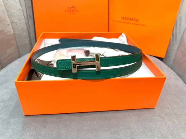 Hermès Green/Black Reversible Belt with Silver-Tone Slim H Buckle product view 2