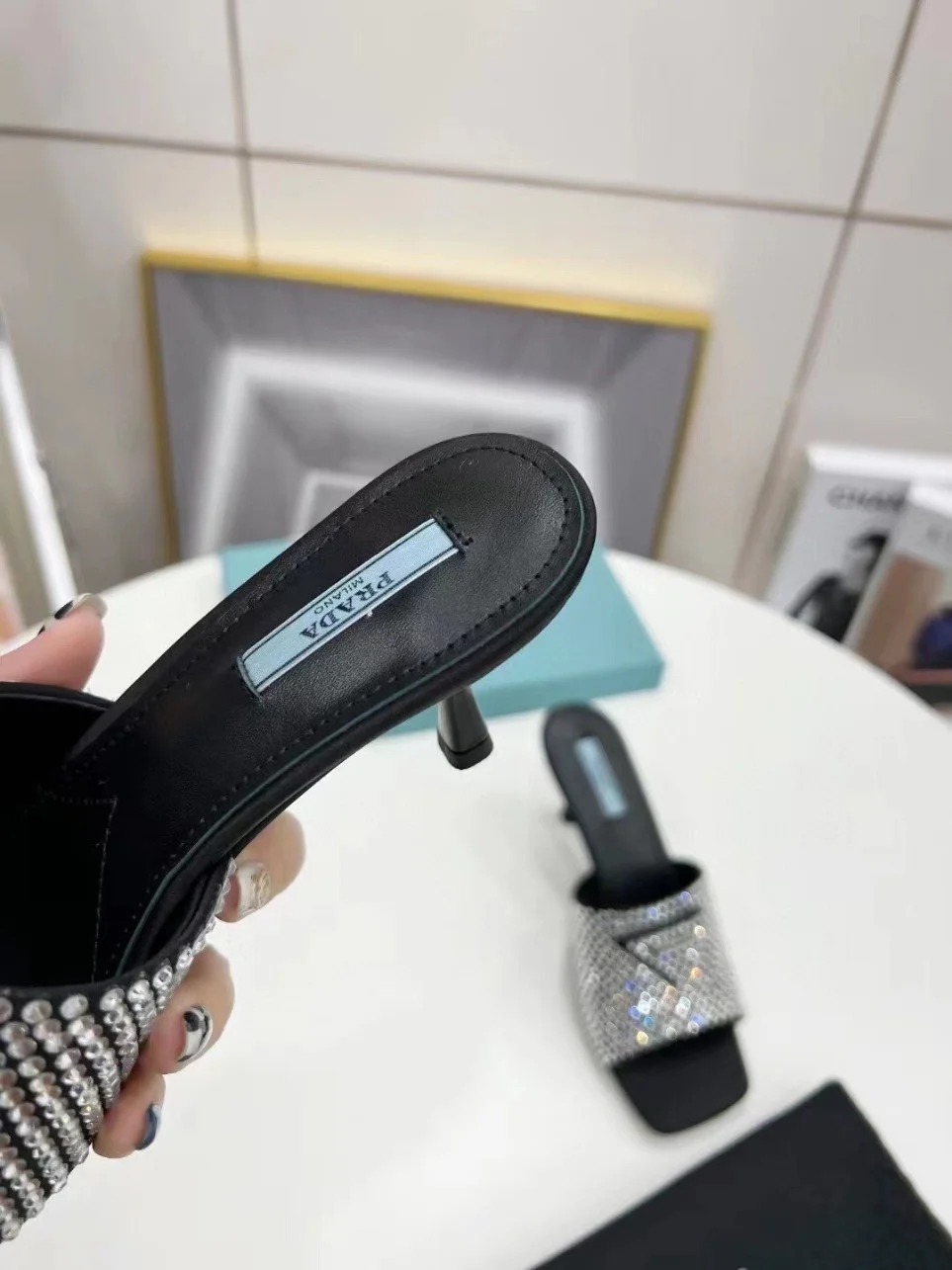 Prada Black Satin Heeled Sandals with White Crystals product view 8