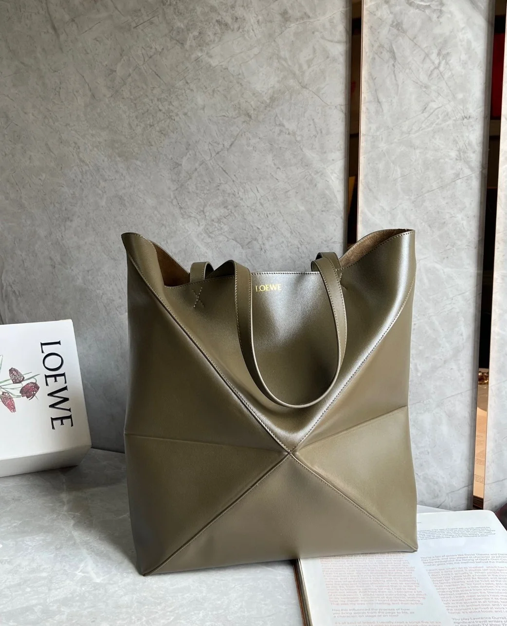Loewe Large Puzzle Fold Tote Bag in Dark Green Calfskin product view 7