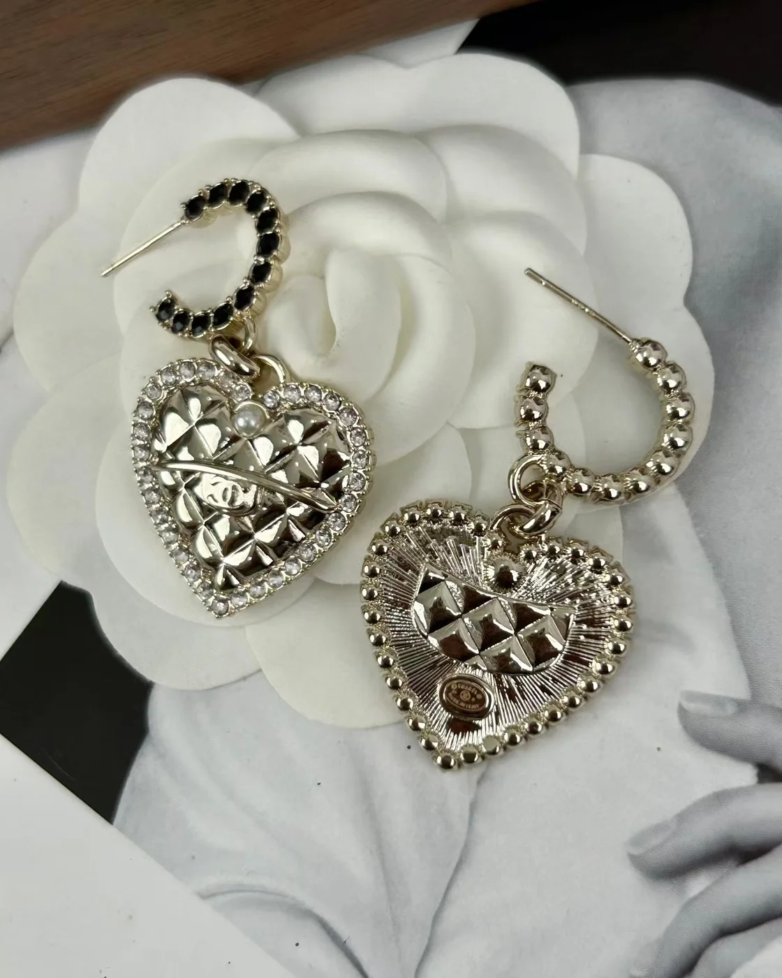 Chanel Heart Dangle Hoop Earrings Gold-Tone product view 3