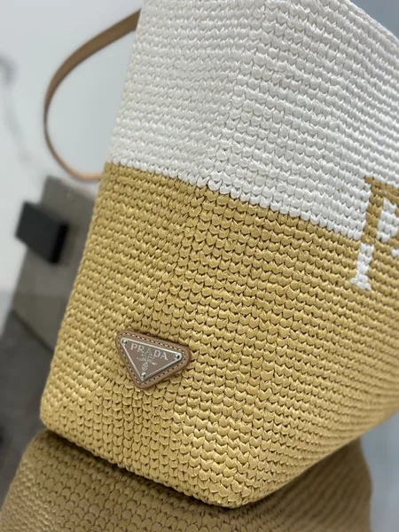 Prada Crochet Large Tote Bag in Beige/White Raffia-effect Yarn product view 5