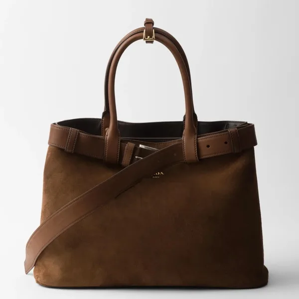 Prada Buckle Large Handbag with Belt in Cocoa Suede Calfskin product photo