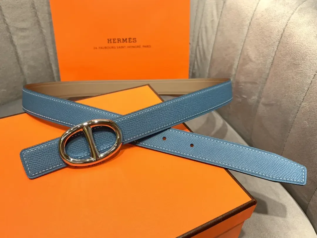 Hermès Blue/Taupe Reversible Belt with Silver-Tone Oval Buckle product view 1