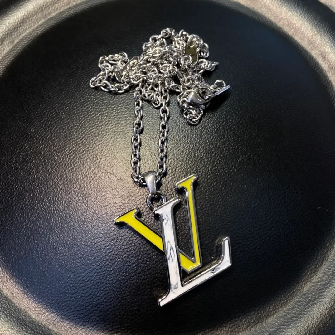 Louis Vuitton Enamel LV Monogram Pendant Necklace White Yellow and Silver-Tone product view 5