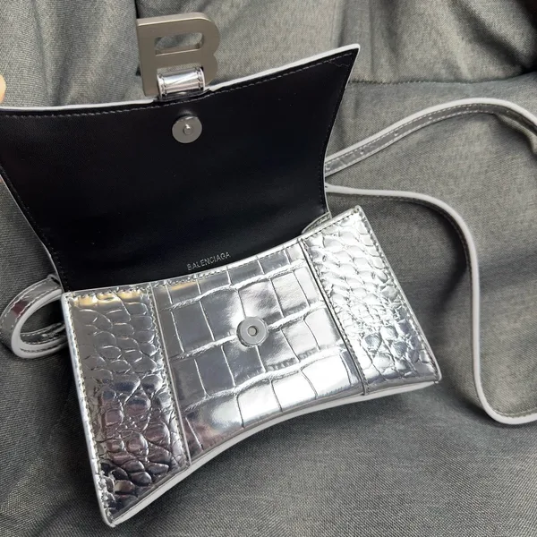 Balenciaga Hourglass XS Bag in Silver Croc-Embossed Calfskin product view 4