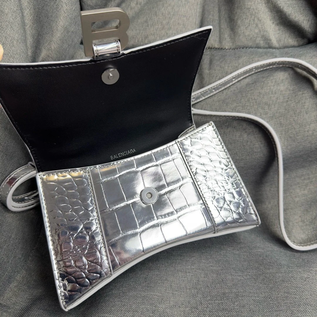 Balenciaga Hourglass XS Bag in Silver Croc-Embossed Calfskin product view 4