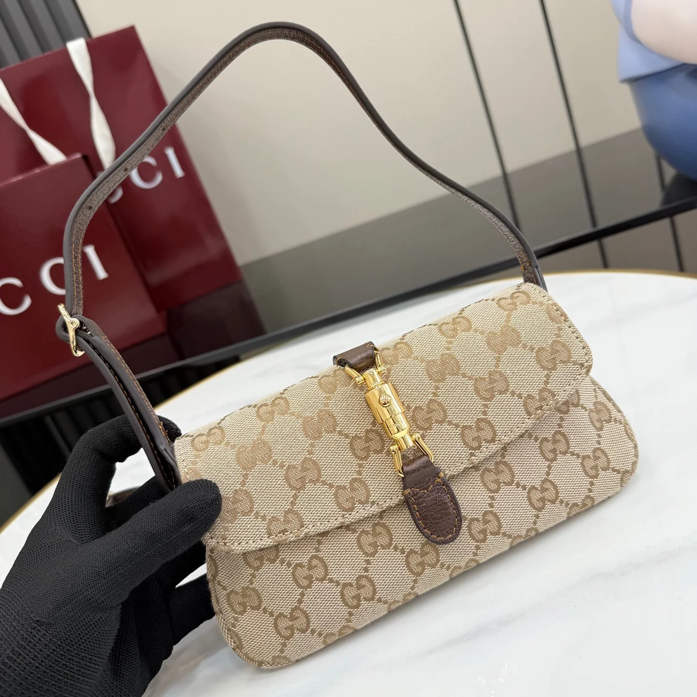Gucci Jackie Small Shoulder Bag — Beige Jacquard product view 10