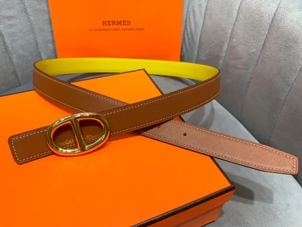 Hermès Yellow/Brown Reversible Belt with Gold-Tone Oval Buckle product view 3