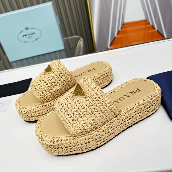 Prada Crochet Flatform Slides in Beige Raffia-effect Yarn product view 9