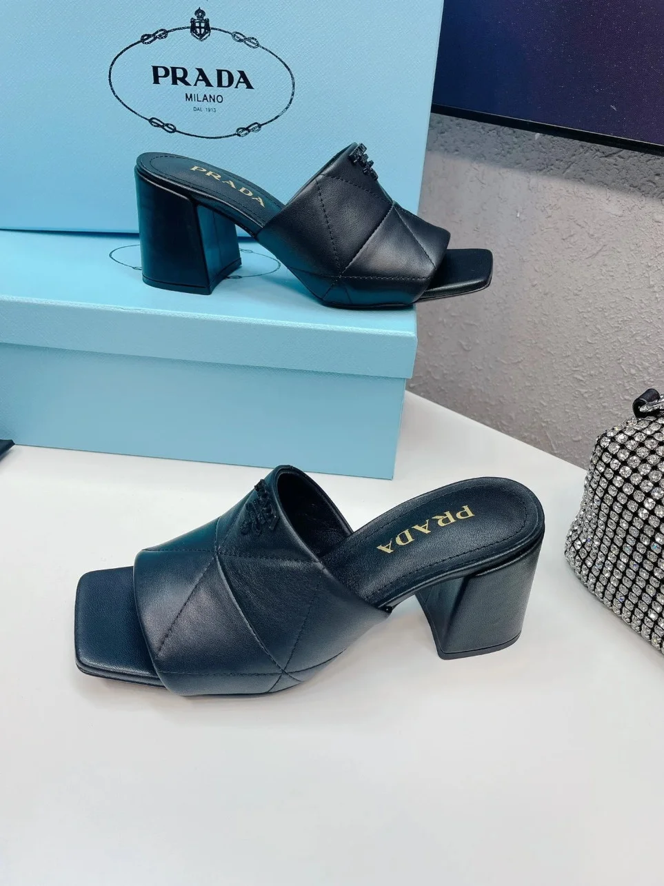 Prada Heeled Slide Sandals 65mm In Black Nappa Leather product view 4